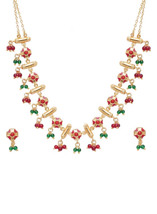 Enamelled And Gold-Plated Festive Hues Red Festive Necklace Set : 8905124466355