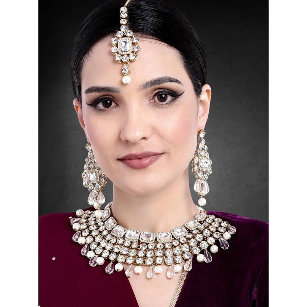 Crystal Choker Necklace With Maang Tikka Earrings Indian Traditional Bridal Wedding Jewellery Set For Women Girls- : PF25N708W