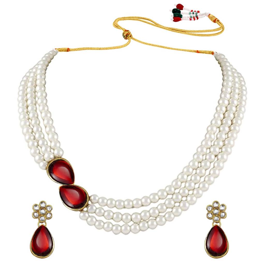Pearl Mala Necklace & Earrings For Women Girls Traditional Ethnic Jewellery Set-Pf26N1145 : PF26N1145M