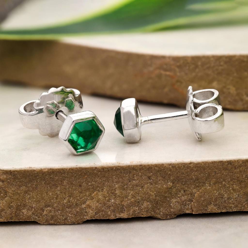 925 Silver Green Hexagon Studs | Emerald Cz Birthstone : SE_000764