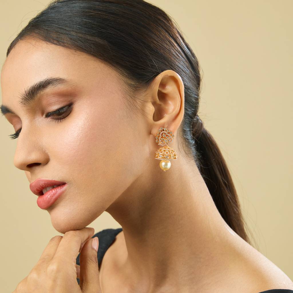 White Gold-Plated Party Zircon Jhumkas-445197 : 445197