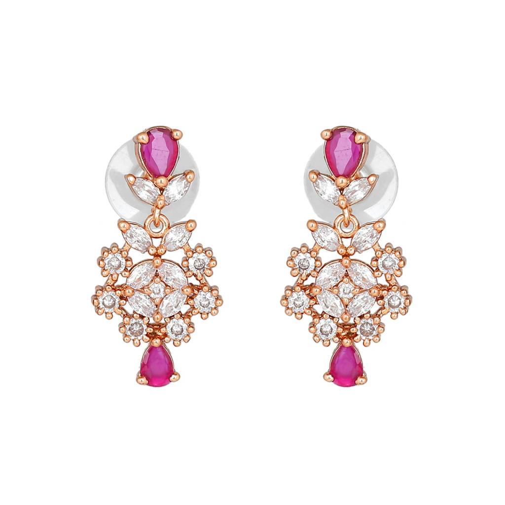 Estele Rose Gold Plated Cz Sparkling Necklace Set With Ruby & White Crystals For Women : AD-708-RG-RBNKER