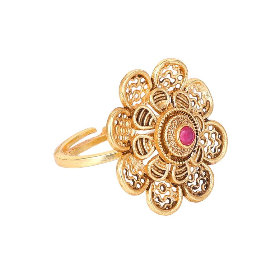 Estele Gold Plated Blossom Matte Finish Finger Ring With Ruby Crystals For Women : AD-149-IGRBRING