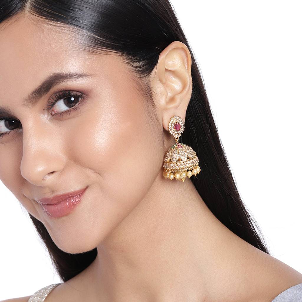 Estele Gold Plated Cz Enchanting Designer Jhumka Earrings With Pearls For Women : AD-113713-IGER