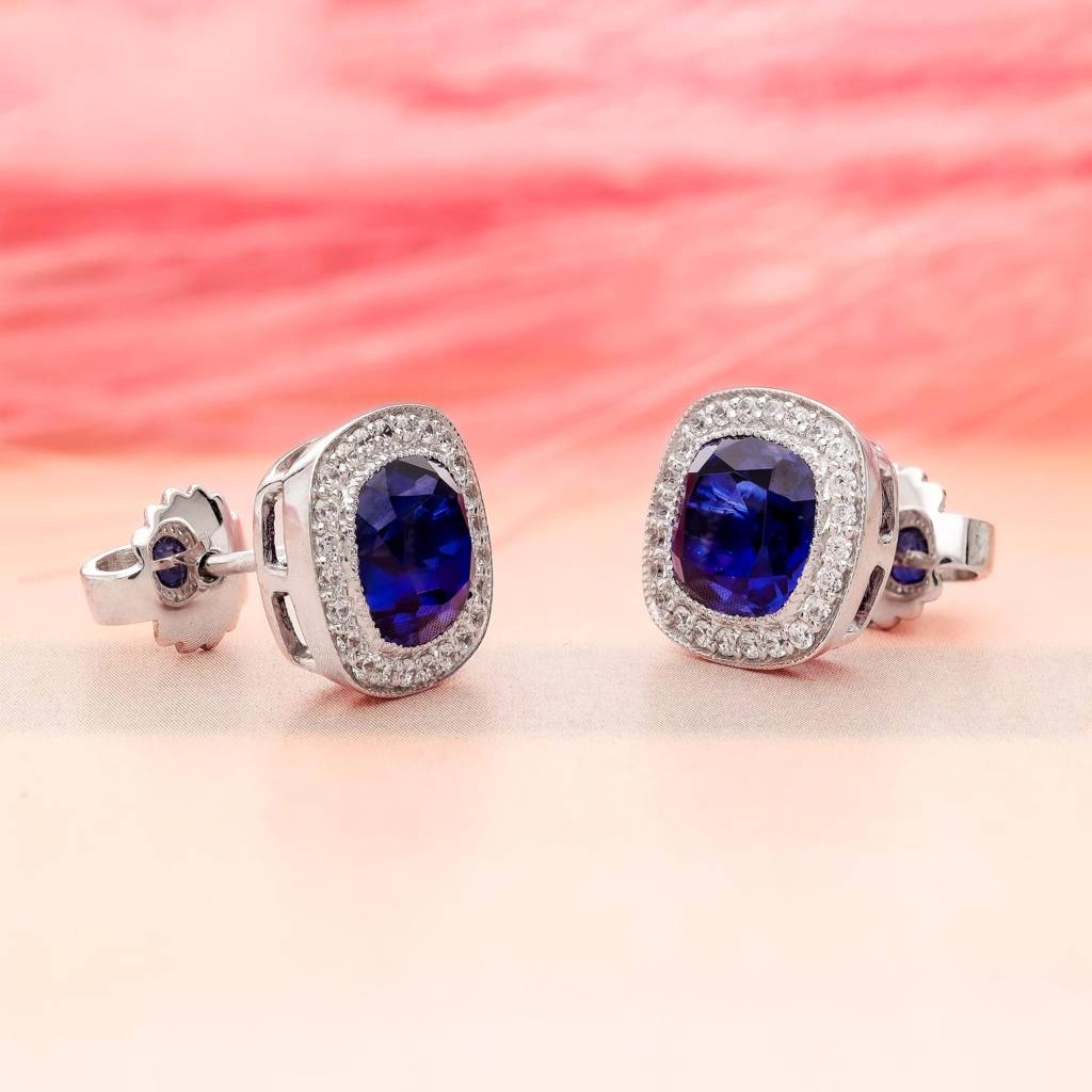 925 Silver Blue Sapphire Cushion Cut Stud Earrings Â Elegant Halo Gift For Wife : SE_000604