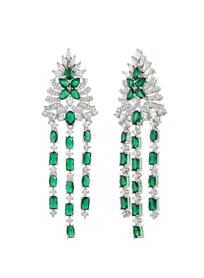 Sparkling Elegance Luxurious Emerald American Diamond Long Earrings : 8905124528336