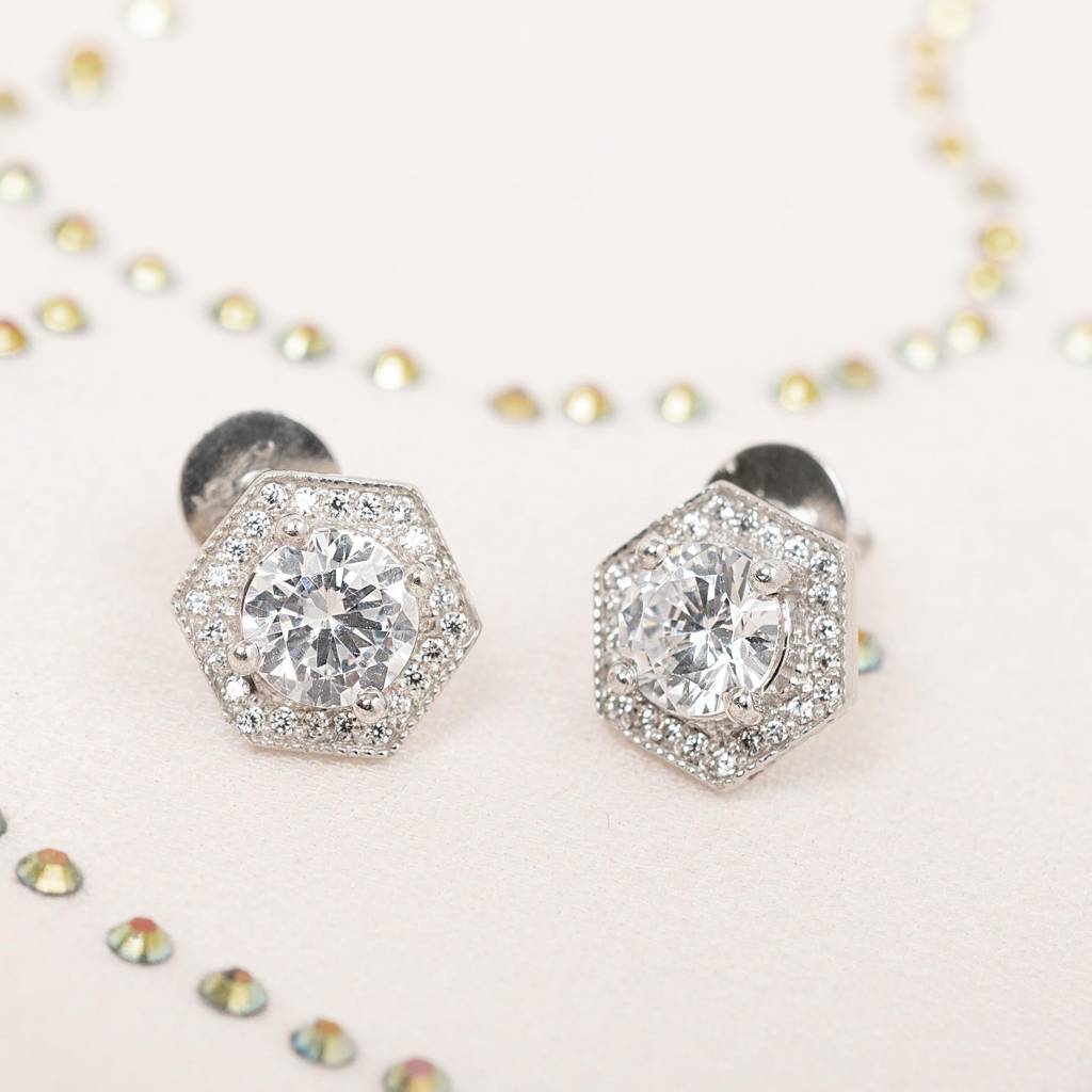 925 Silver Hexagon Stud Earrings | Geometric Minimal Jewelry : SE_000905