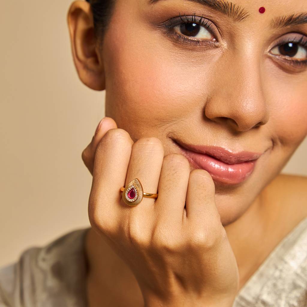 Ruby Gold-Plated Ethnic Antique Finger Ring-423716 : 423716