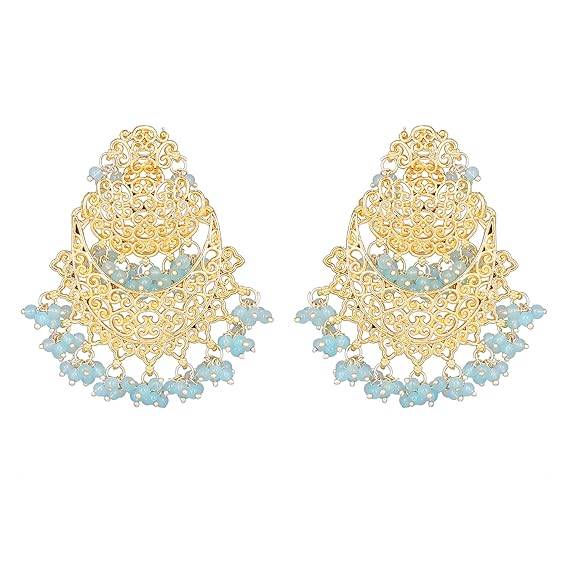 Estele Gold Plated Trellis Gehena Chandbali Earrings With Blue Beads For Women : PJ-007-IGBLER