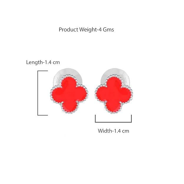 Estele Rhodium Plated Four Leaf Clover Designer Stud Earrings With Red Enamel For Women And Girls : 10202-IRRD-ERER