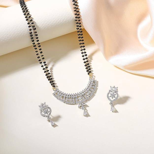 Gehena By Estele Fashion Jewelry Mangalsutra Set For Women: Rhodium Plated White Graceful Mangalsutra Nec : OSAKMS006-IRWENKER