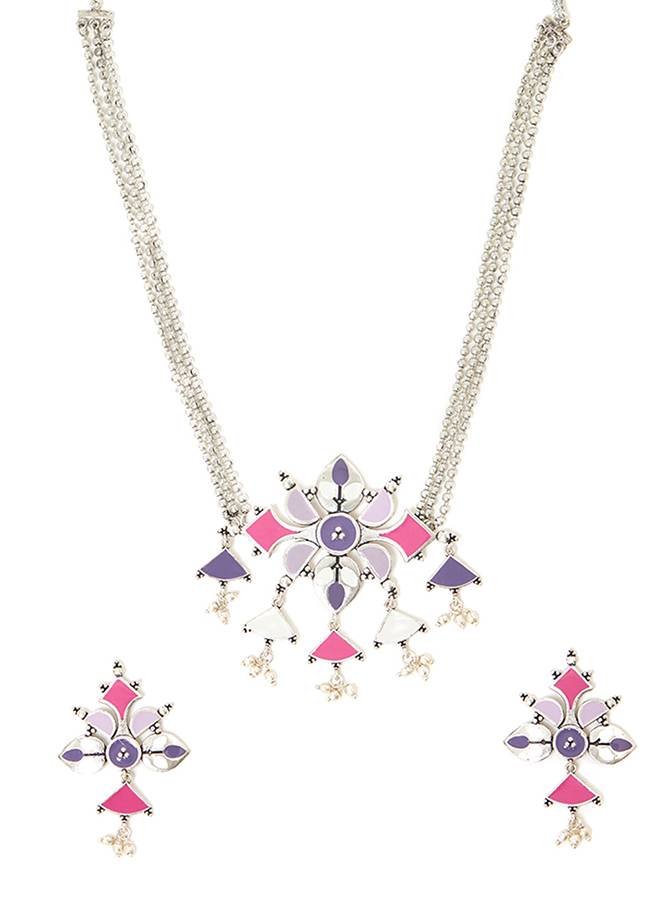 Festive Hues Colourful Silver Toned Jewellery Set : 8905124458909
