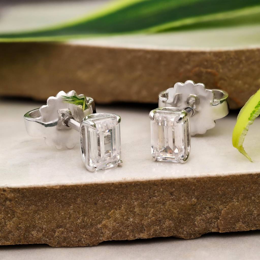 925 Silver Emerald Cut Cz Studs | Elegant Baguette Gift : SE_000793
