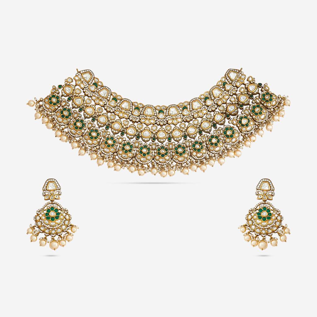 Green  Plated Ethnic Kundan Necklace Set-442155 : 442155