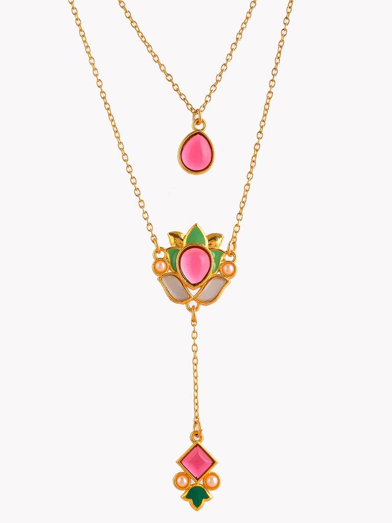 Forever More Pink Stones Enamelled Layered Necklace Jewellery Set : 8905124498189