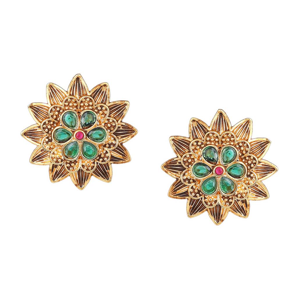 Estele Gold Plated Flower Designer Matte Finish Stud Earrings With Multi-Color Crystals For Women : AD-116712-IGMCER