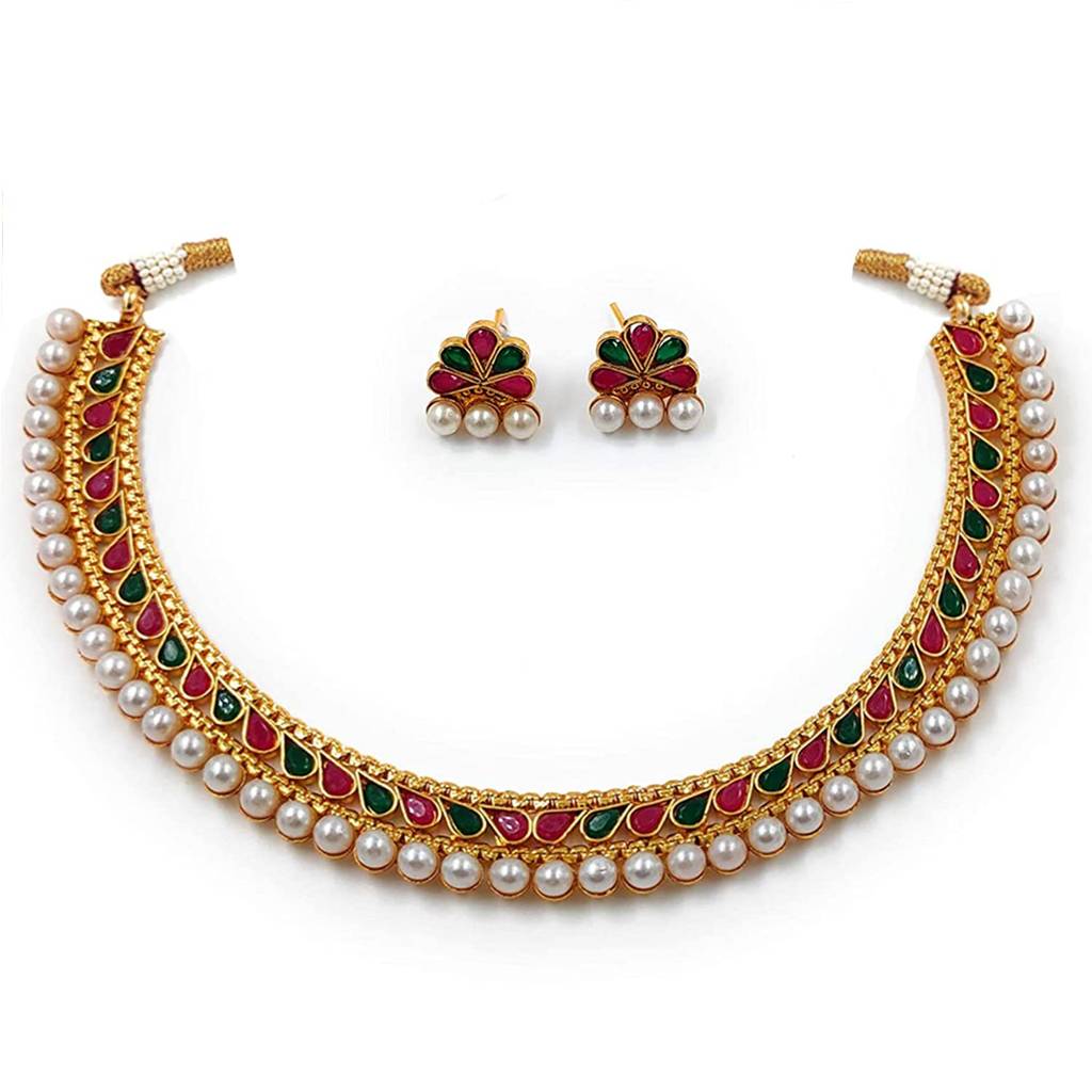 Traditional Gold Plated Studded Choker Necklace Jewellery Set For Women-Pf04N3390 : PF04N3390RG