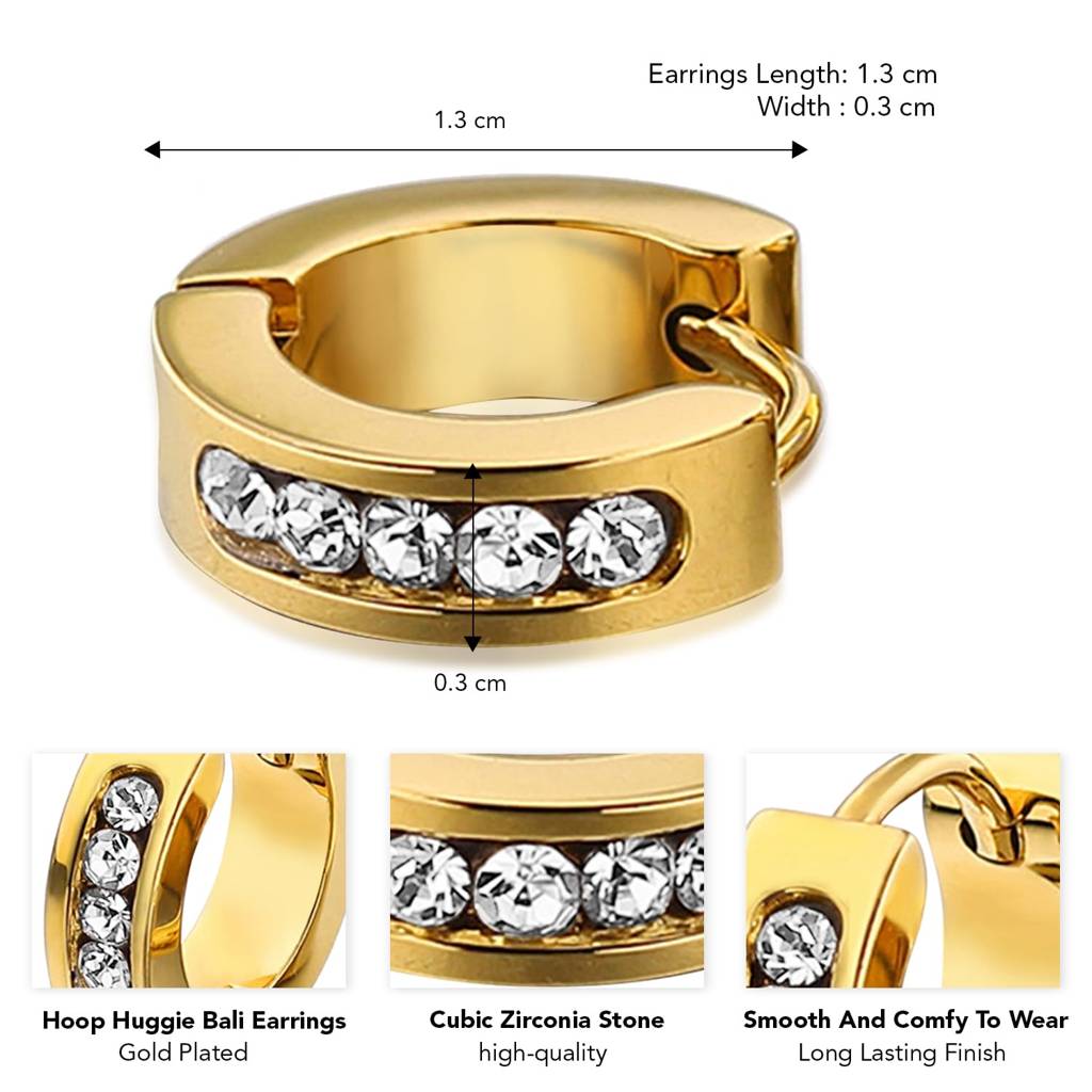 Gold Plated Cubic Zirconia Studded Hoop Huggie Bali Earrings Fancy Stylish Jewellery For Men & Boys : PX9ME41G