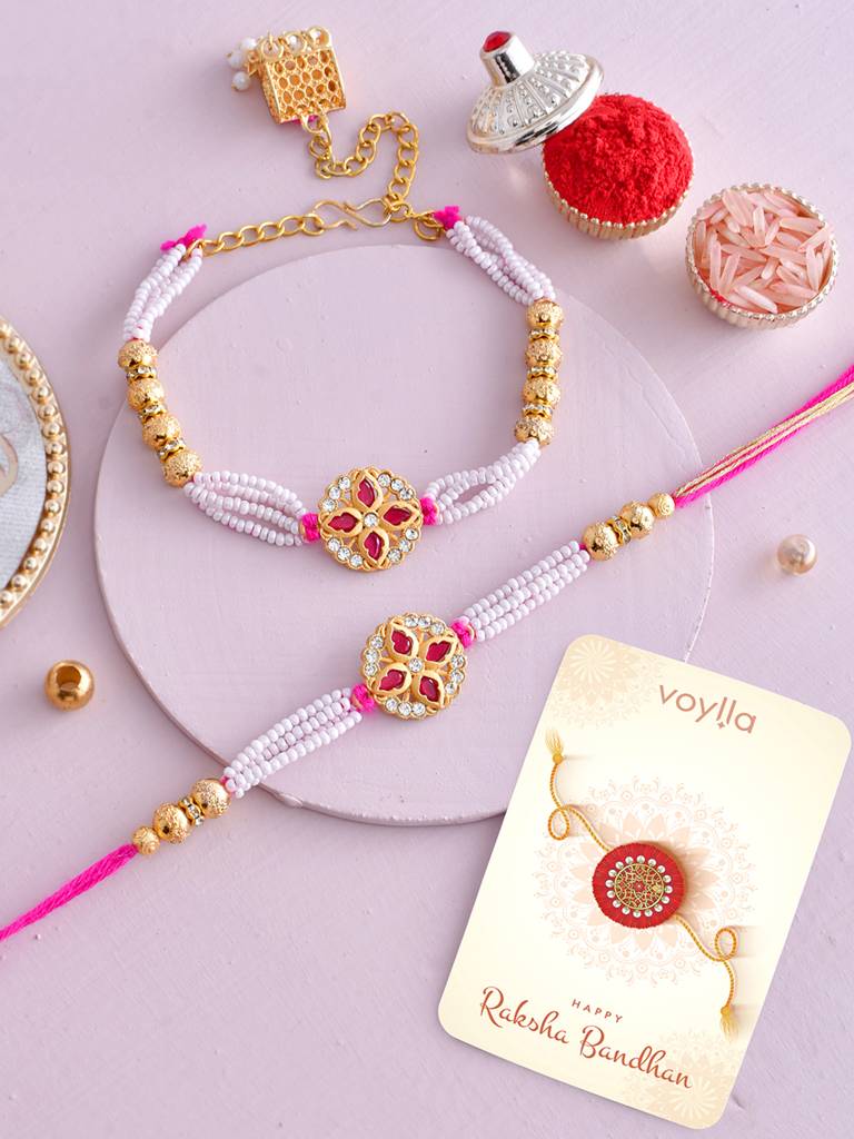 Eternz Certified Jewellery - Voylla White Pearls And Golden Beads Bhaiya Bhabhi Lumba Rakhi