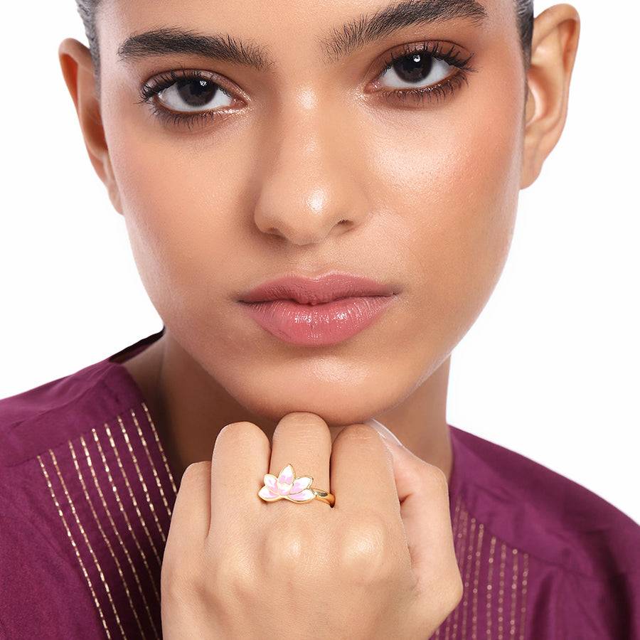 Estele Gold Plated Pink Enamel Lotus Designer Stylish Adjustable Finger Ring For Girl'S & Women. : AD-142-IGRING