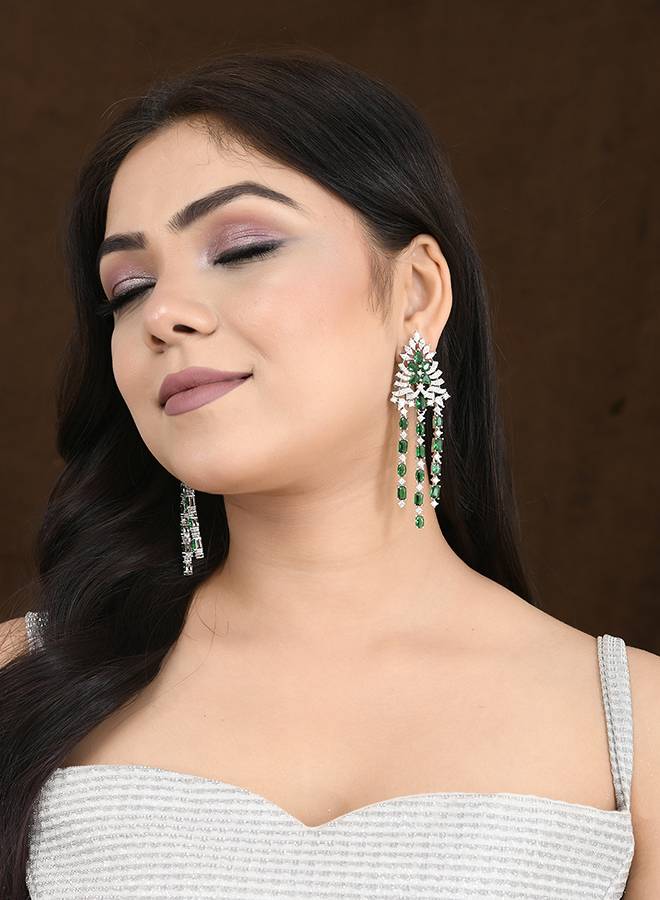 Sparkling Elegance Luxurious Emerald American Diamond Long Earrings : 8905124528336