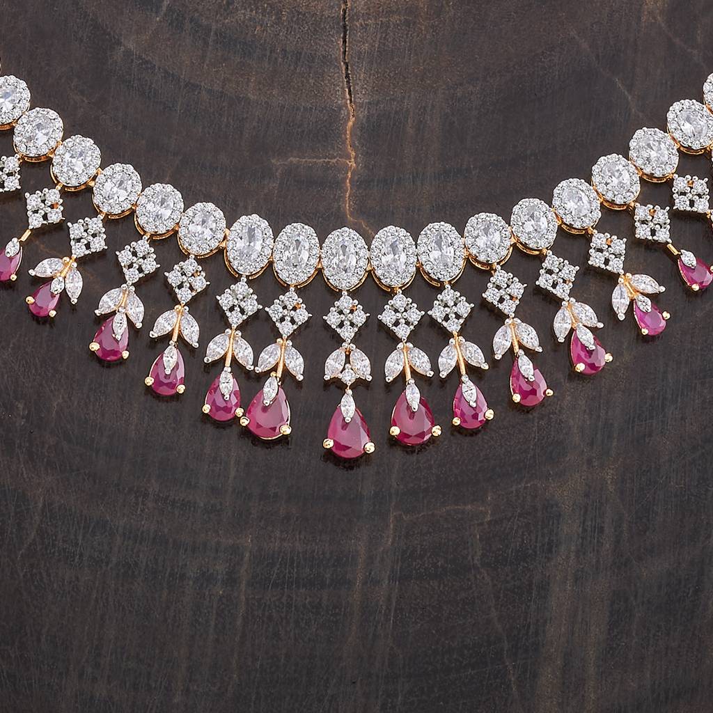 Kushal'S Fashion Jewellery Ruby Rhodium-Plated Cubic Zirconia Studded Jewellery Set-177113 : 424590