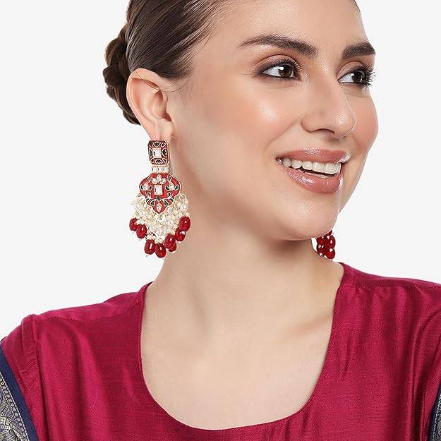 Estele Gold Plated Splendid Designer Gehena Earrings With Red Enamel & Beads For Women : PJ-014-IGRBER