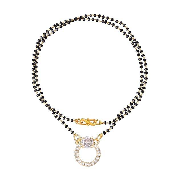 Gold Plated Opulent Circular Pendant Mangalsutra Chain With Black Beads & White Crystals For Women : OSAKMS004-IGWENK