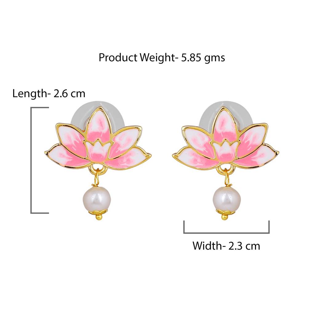 Estele Gold Plated Lotus Designer Elegant Pearl Drop Earrings With Pink Enamel For Girl'S & Women : 10196-IGER