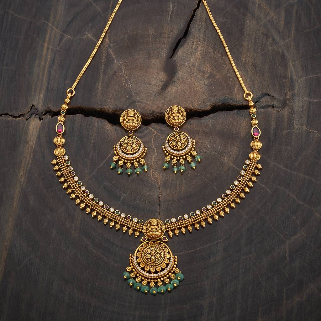 Kushal'S Fashion Jewellery Ruby-Green Gold-Plated Ethnic Antique Jewellery Set -431441 : 431441
