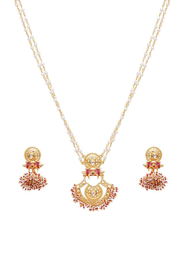 Festive Hues Cluster Setting Faux Pearls Gold Plated Brass Enamelled Jewellery Set : 8905124466454