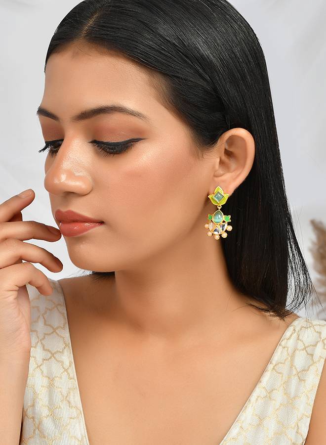 Forever More Green Enamelled Floral Pearls And Green Stones Earrings : 8905124498363