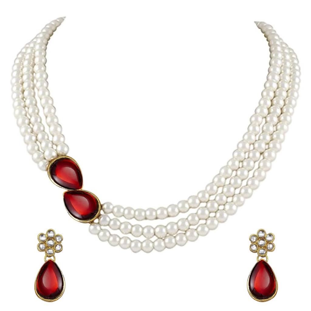 Pearl Mala Necklace & Earrings For Women Girls Traditional Ethnic Jewellery Set-Pf26N1145 : PF26N1145M