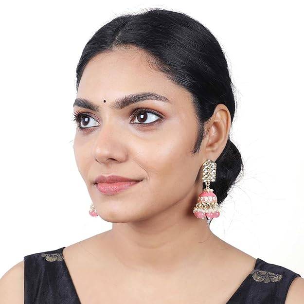 Estele Gold Plated Elegant Gehena Jhumka Earrings With Mint Pink Beads For Women : PJ-008-IGMPER