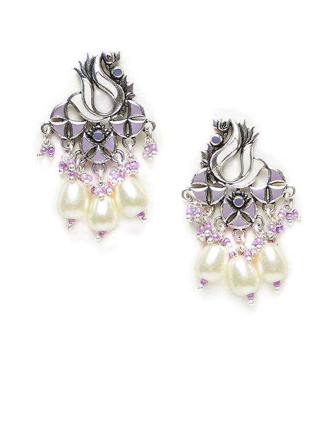 Shwet Kamal Teardrop Faux Pearls Enamelled Silver Plated Earrings : 8905124444780