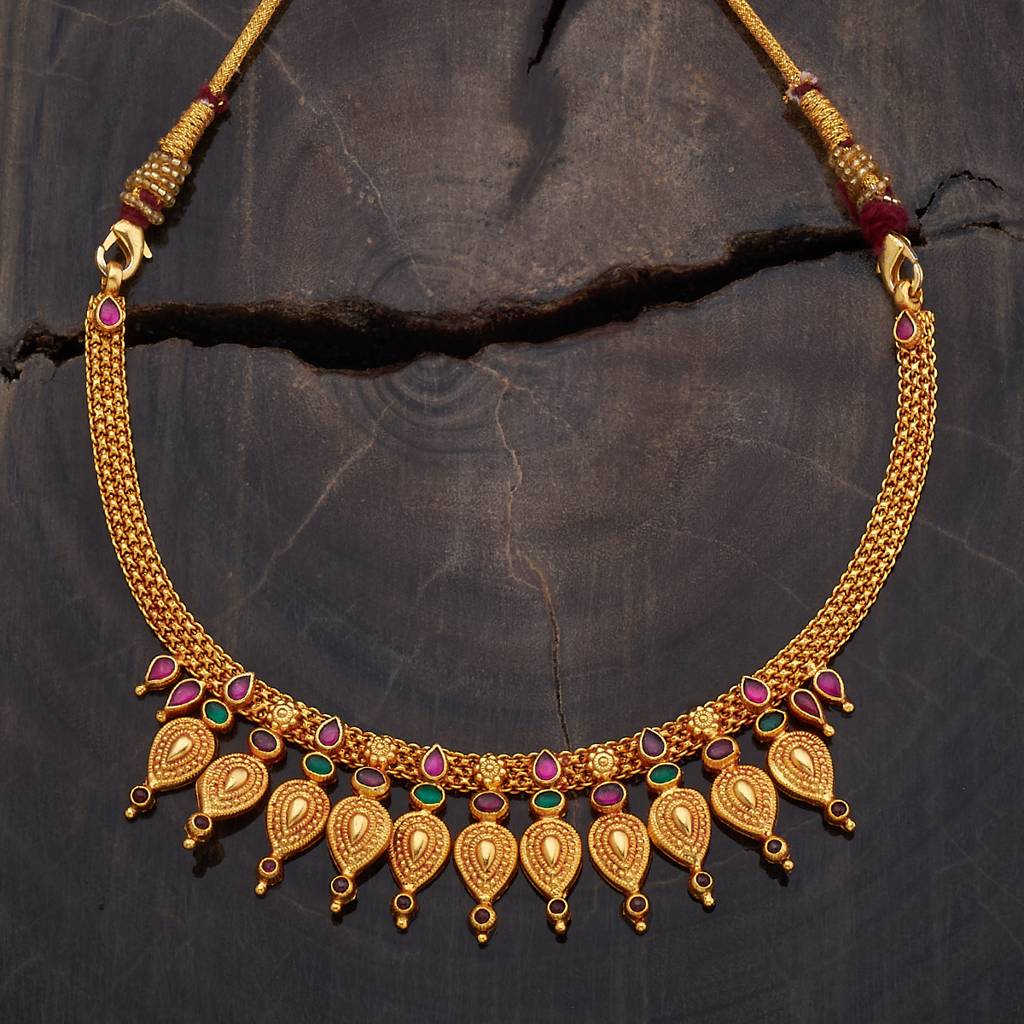 Kushal'S Fashion Jewellery Ruby-Green Gold-Plated Ethnic 92.5 Pure Silver Temple Necklace-177443 : 425459