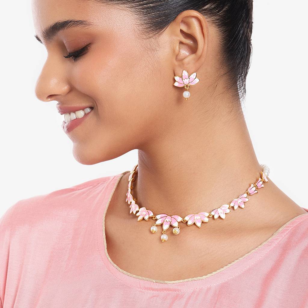 Estele Gold Plated Fascinating Lotus Designer Pearl Necklace Set With Pink Enamel For Girl'S & Women : 10196-IGNKER
