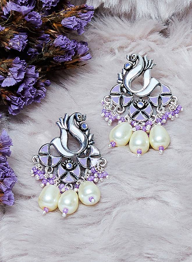 Shwet Kamal Teardrop Faux Pearls Enamelled Silver Plated Earrings : 8905124444780