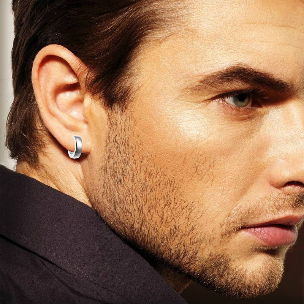 Stainless Steel Silver Plated Hoop Huggie Earrings For Men : PX9ME04S
