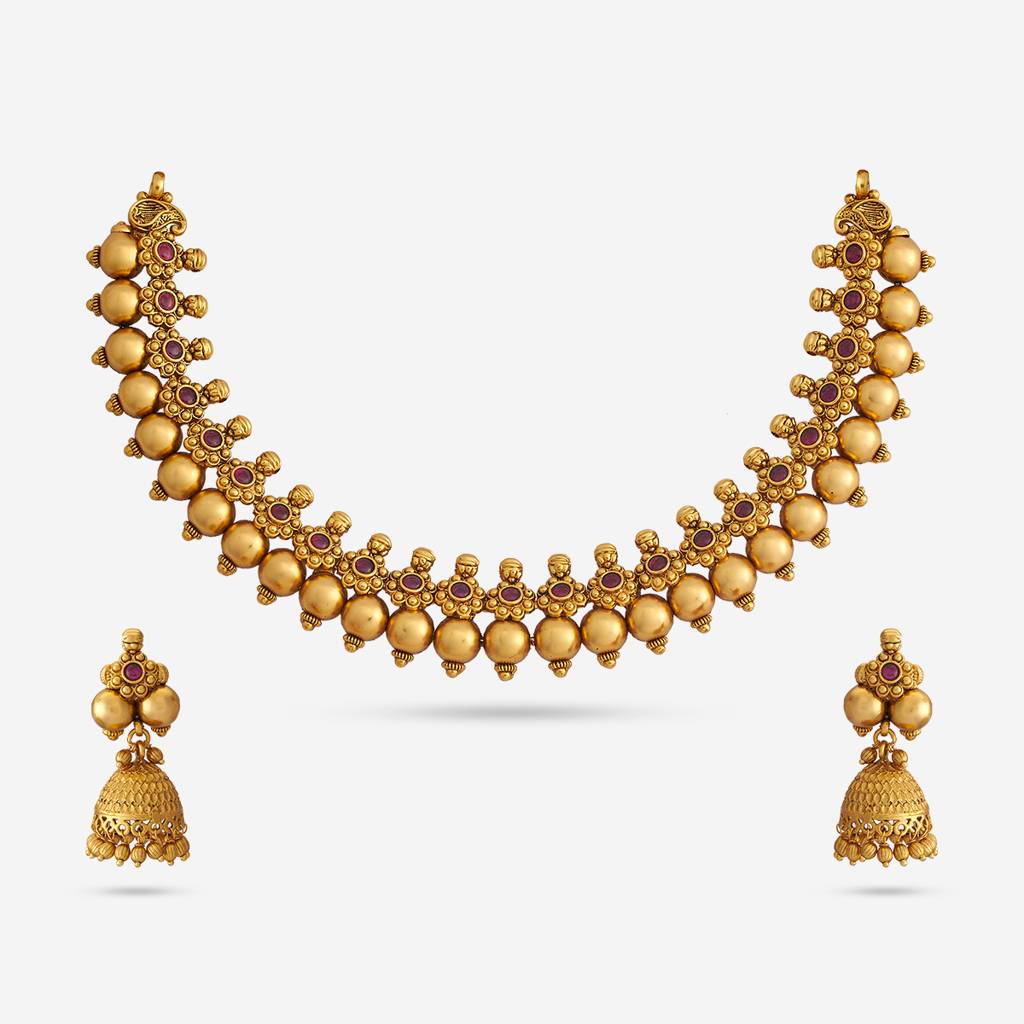 Kushal'S Fashion Jewellery Ruby Gold-Plated Ethnic Antique Necklace And Earring Set  -188140 : 447867