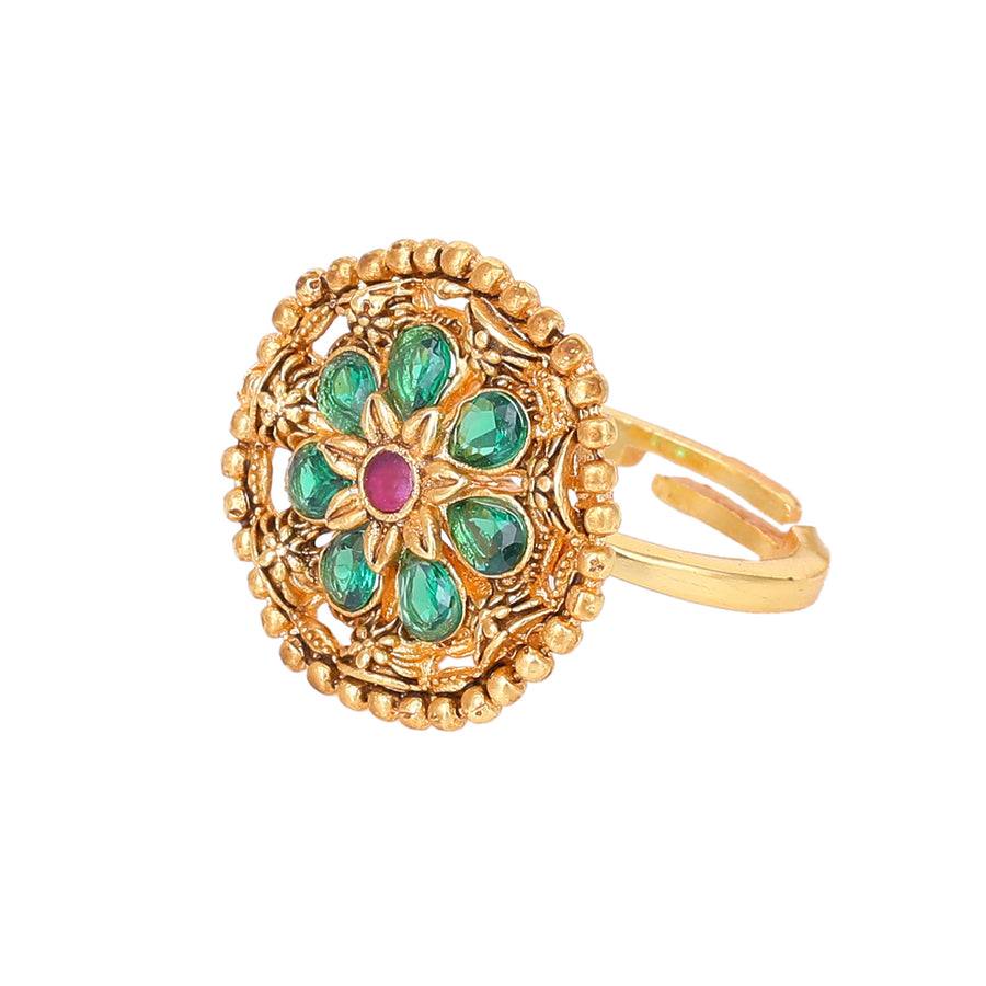 Estele Gold Plated Flower Designer Matte Finish Finger Ring With Multi-Color Crystals For Women : AD-150-IGGNRBRING