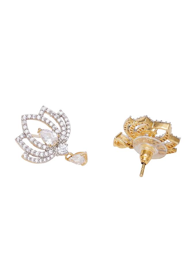 Sparkling Elegance Floral Motif Zircons And Faux Pearls Silver Plated Earrings : 8905124464313