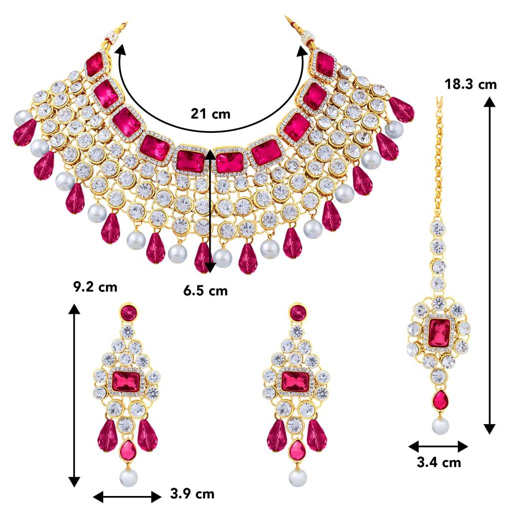 Crystal Choker Necklace With Maang Tikka Earrings Indian Traditional Bridal Wedding Jewellery Set For Women Girls : PF25N708RP