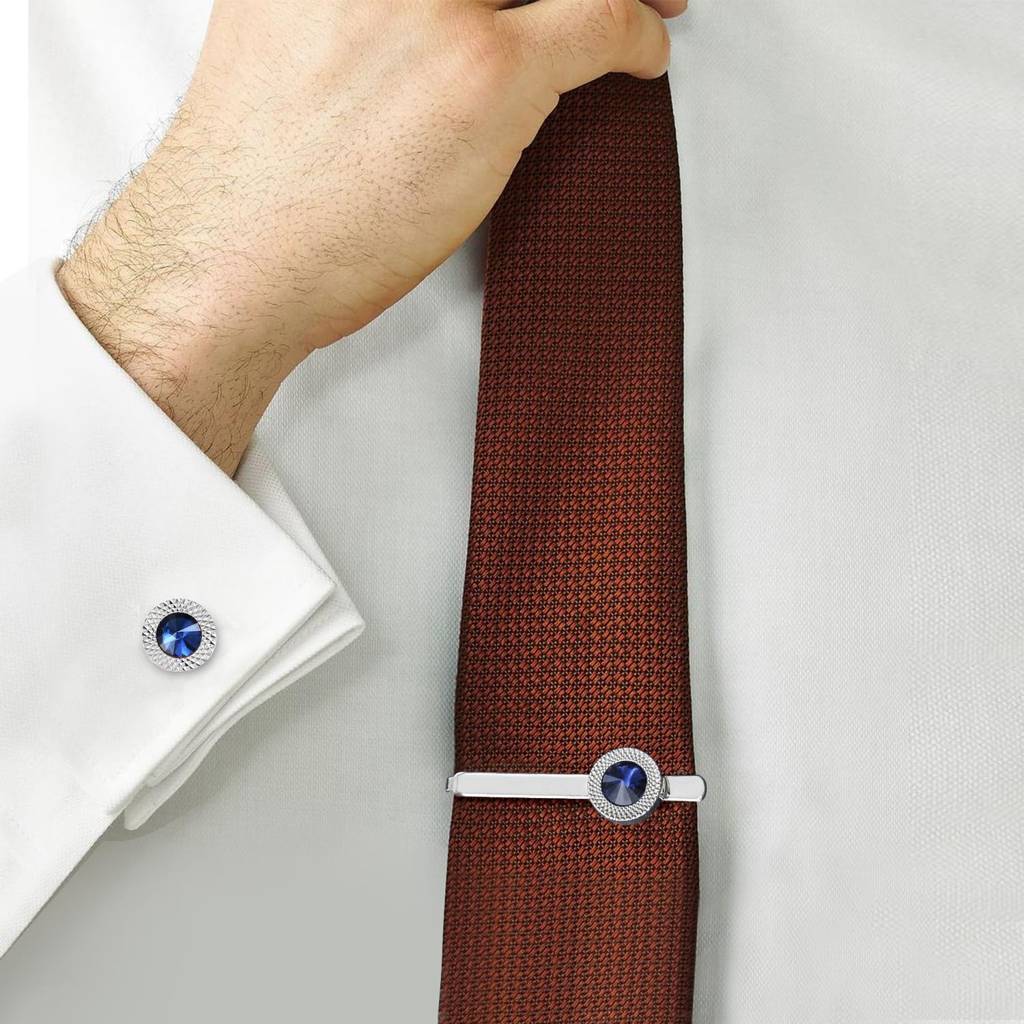 Silver Plated 316L Stainless Steel Blue Stone Classic Cufflinks & Tie Pin Set For Men Formal Business Accessories G : PX9TCL10