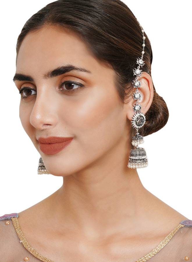 Apsara Peacock And Floral Motifs Brass Silver Plated Sahara Earrings : 8905124443905