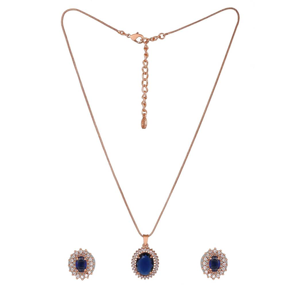 Estele Rose Gold Plated Cz Round Designer Pendant Set With Blue Stones For Women : AD-754-RGBLPDER