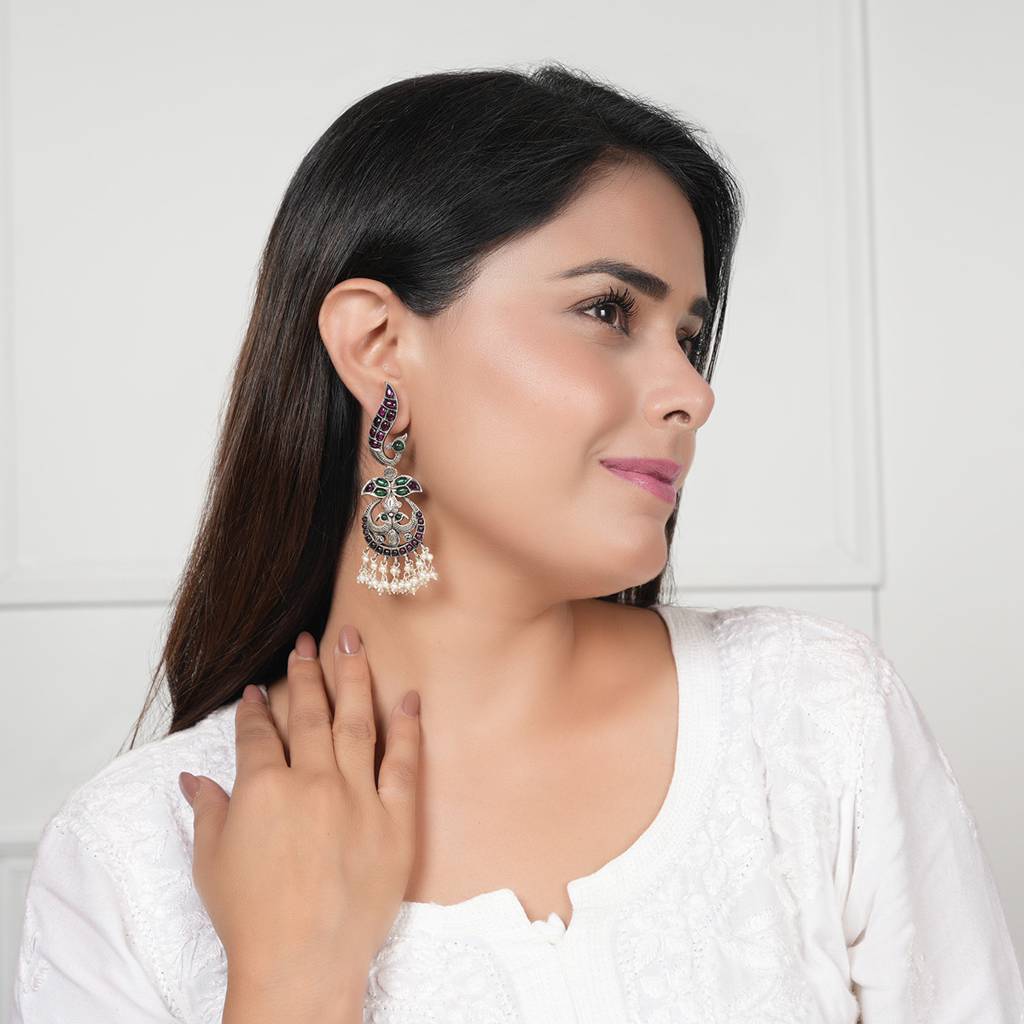 Peacock Chaandbaali Silver Earrings For Women : SSE846