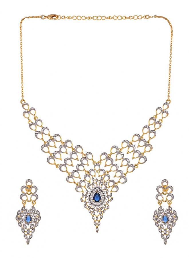 Peacock Royal Blue And White Cz Cutwork Design Waterfall Jewellery Set : 8905124514742
