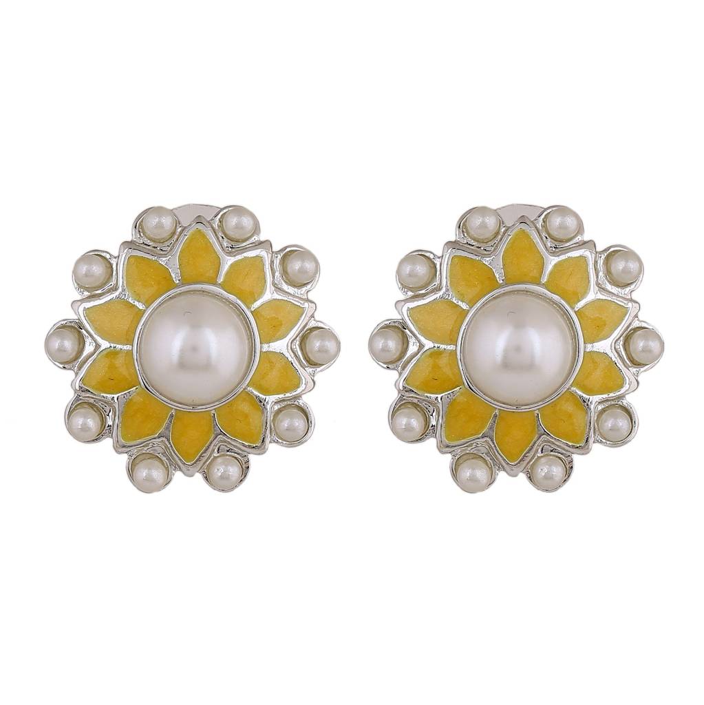 Estele Rhodium Plated Classic Meenakari Pearl Stud Earrings With Yellow Enamel For Women : 798710-IR-HER