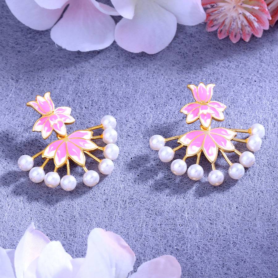 Estele Gold Plated Lotus Designer Pearl Drop Earrings With Pink Enamel For Girl'S & Women. : 799710-IGER